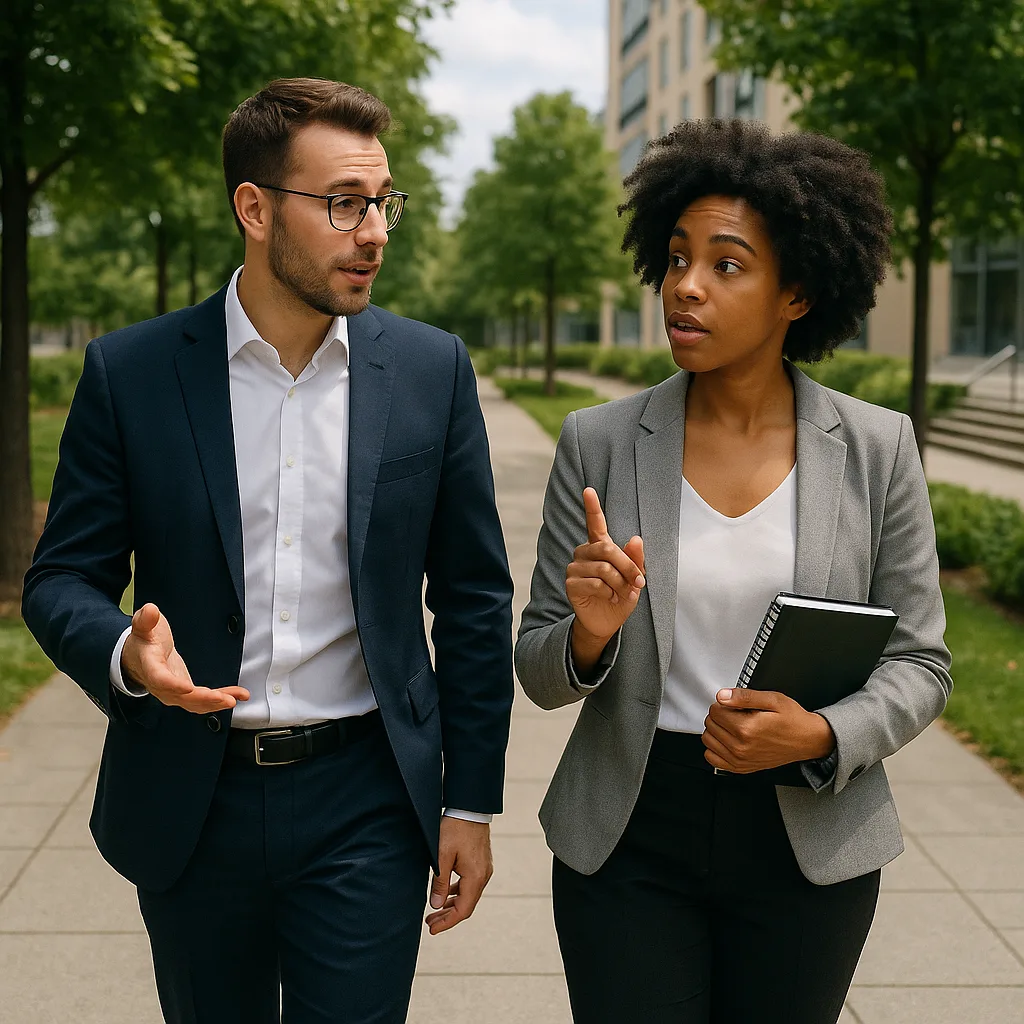 Two Colleagues Are Walking Outside Together