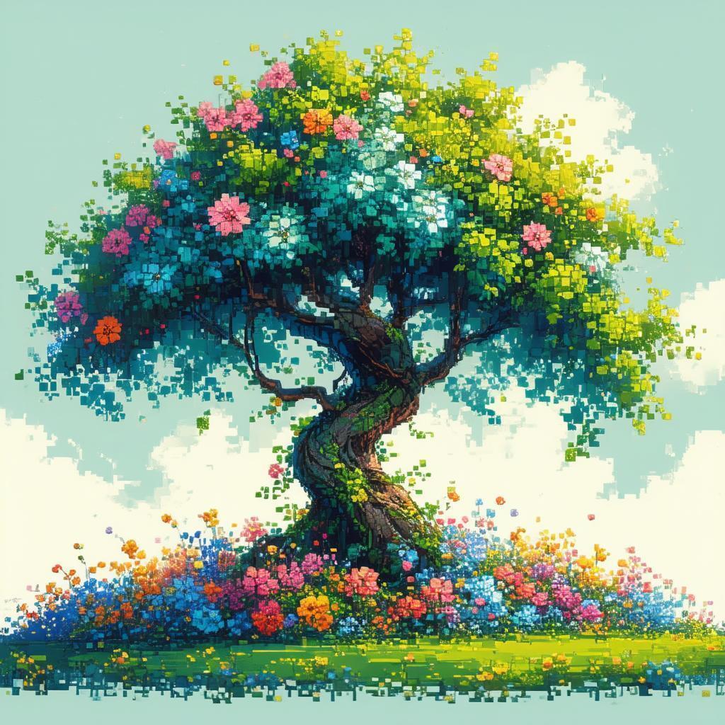 Pixelated Tree Blooming Among Vibrant 8 Bit Flowers