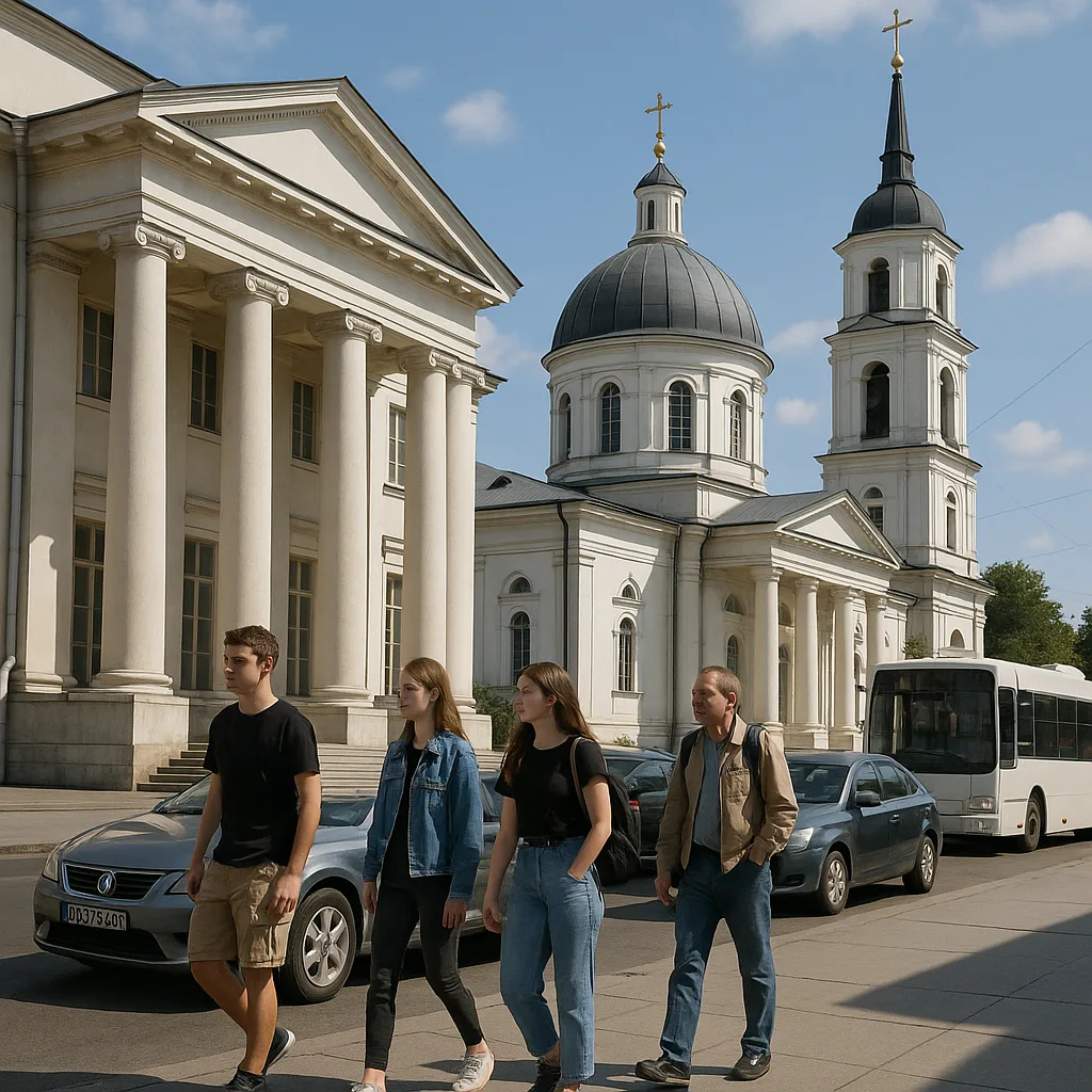 Group of People Walking near a White Neoclassical