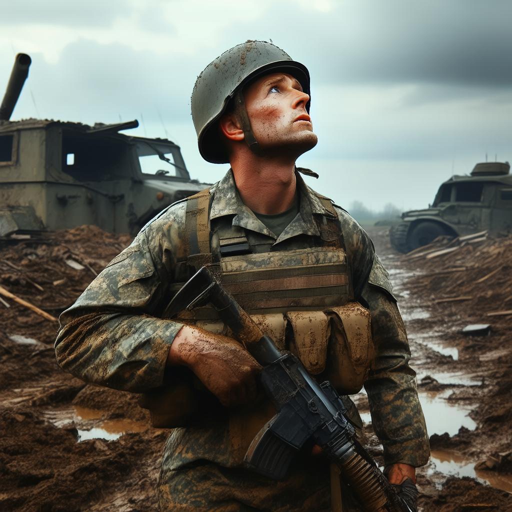 Weary Ukrainian Soldier Gazing at the Sky