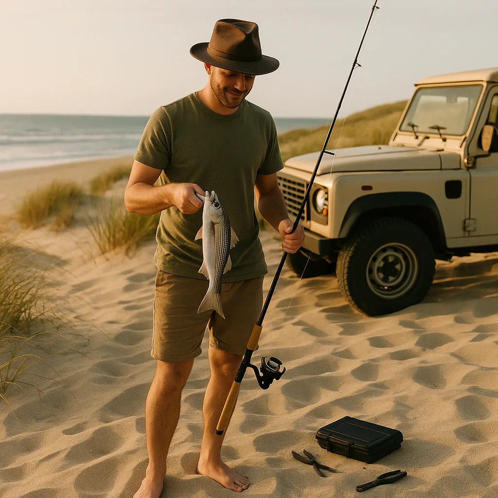 Person Wearing a Hat Stands Barefoot on Sandy Beach Dunes