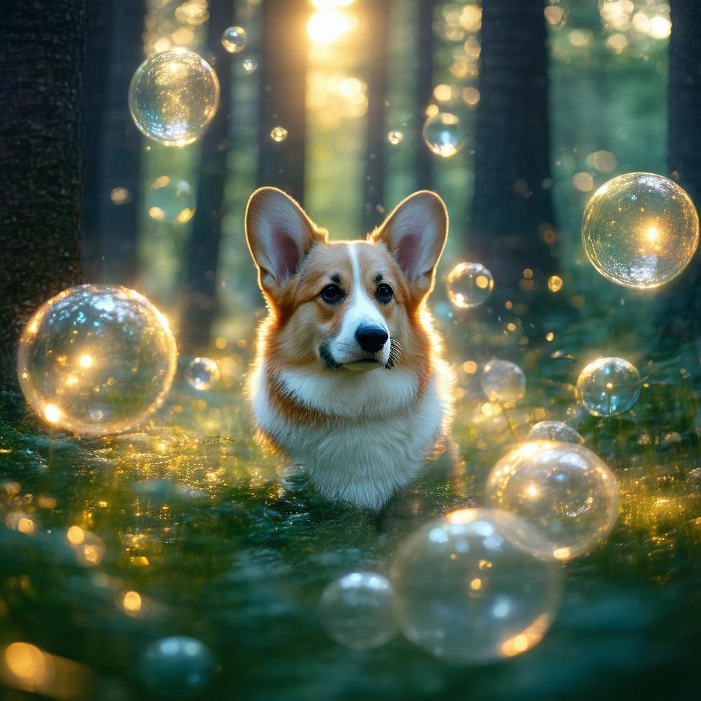 Glowing Corgi Head Amid Luminous Forest Orbs