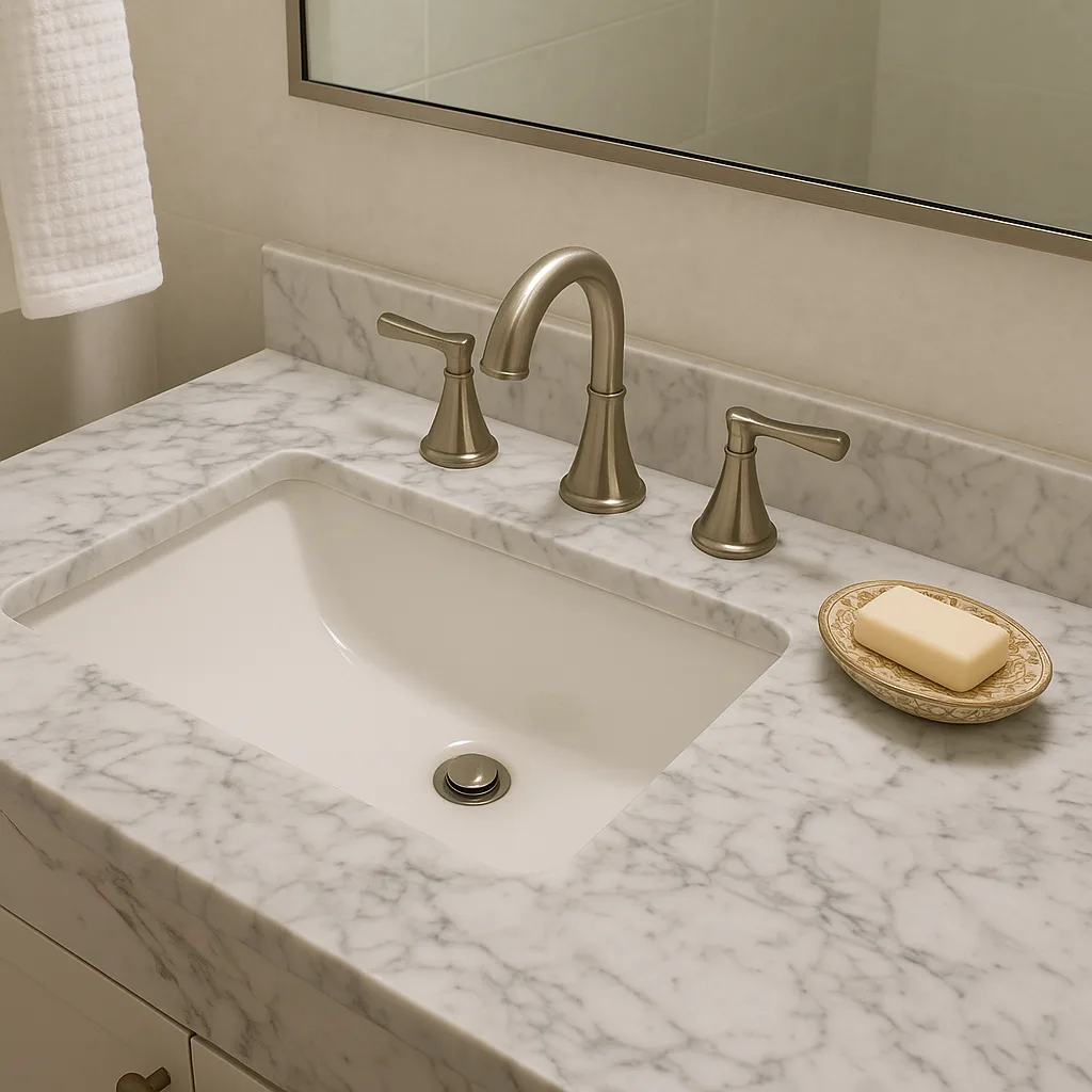 Restroom Featuring a Polished Marble Countertop