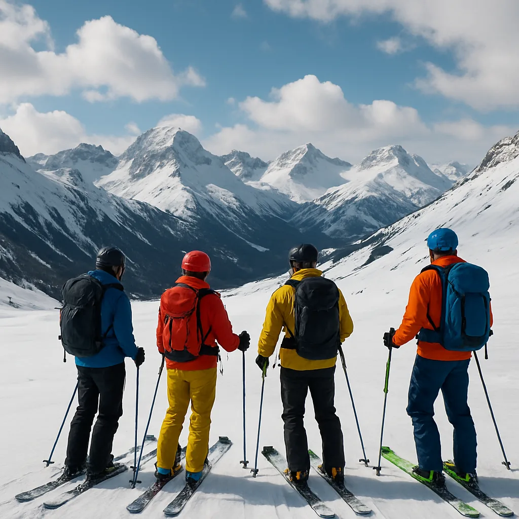Group of Skiers Wearing Backpacks Stands on a Snowy Landscape