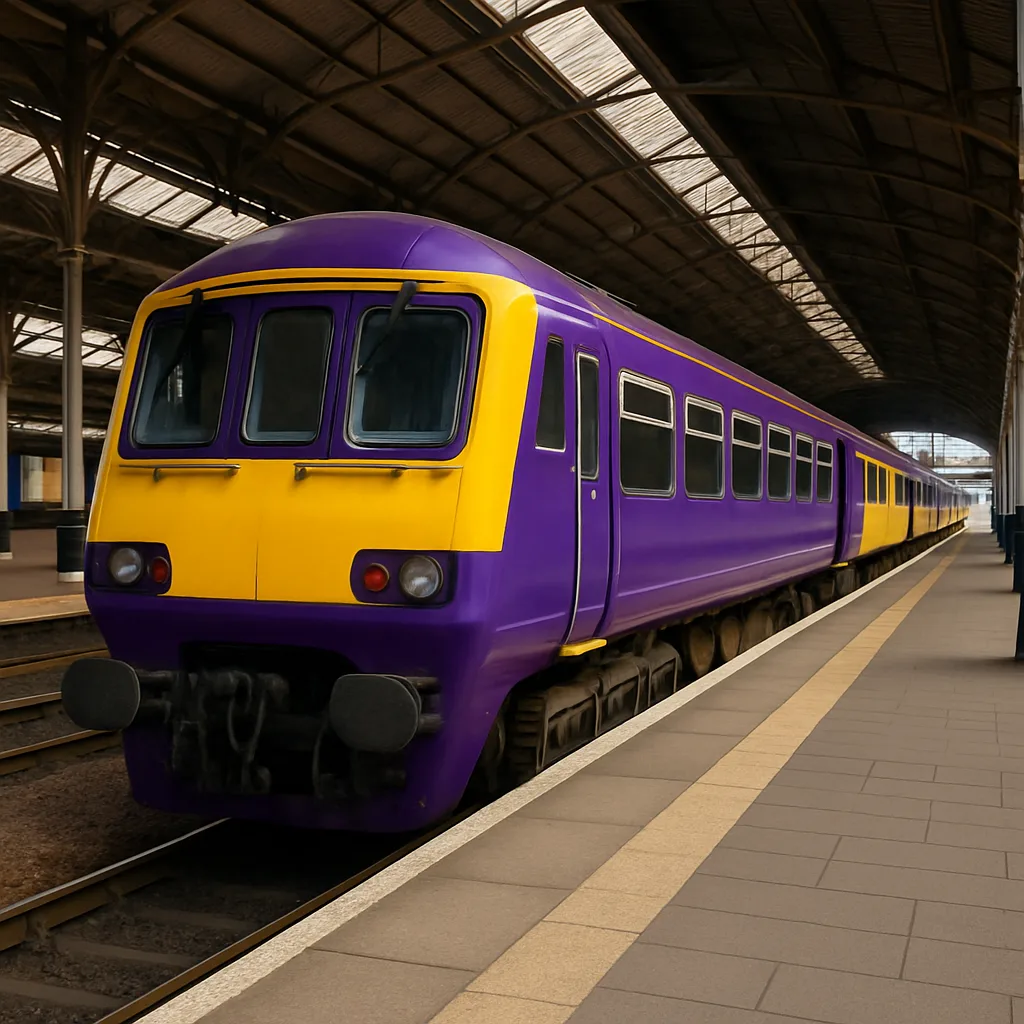 Purple and Yellow Passenger Train Waiting at a Covered Railway