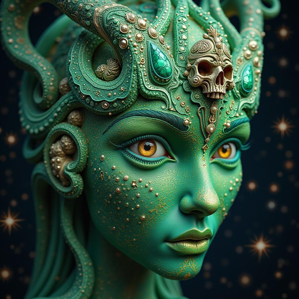 Enchanted Fractal Face With Glowing Emerald Swirls