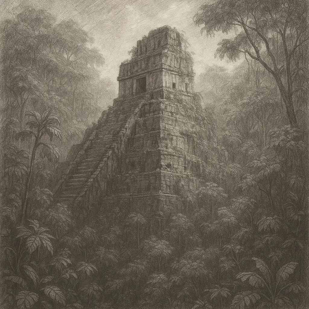 Detailed Graphite Illustration of a Ruined Mesoamerican Pyramid