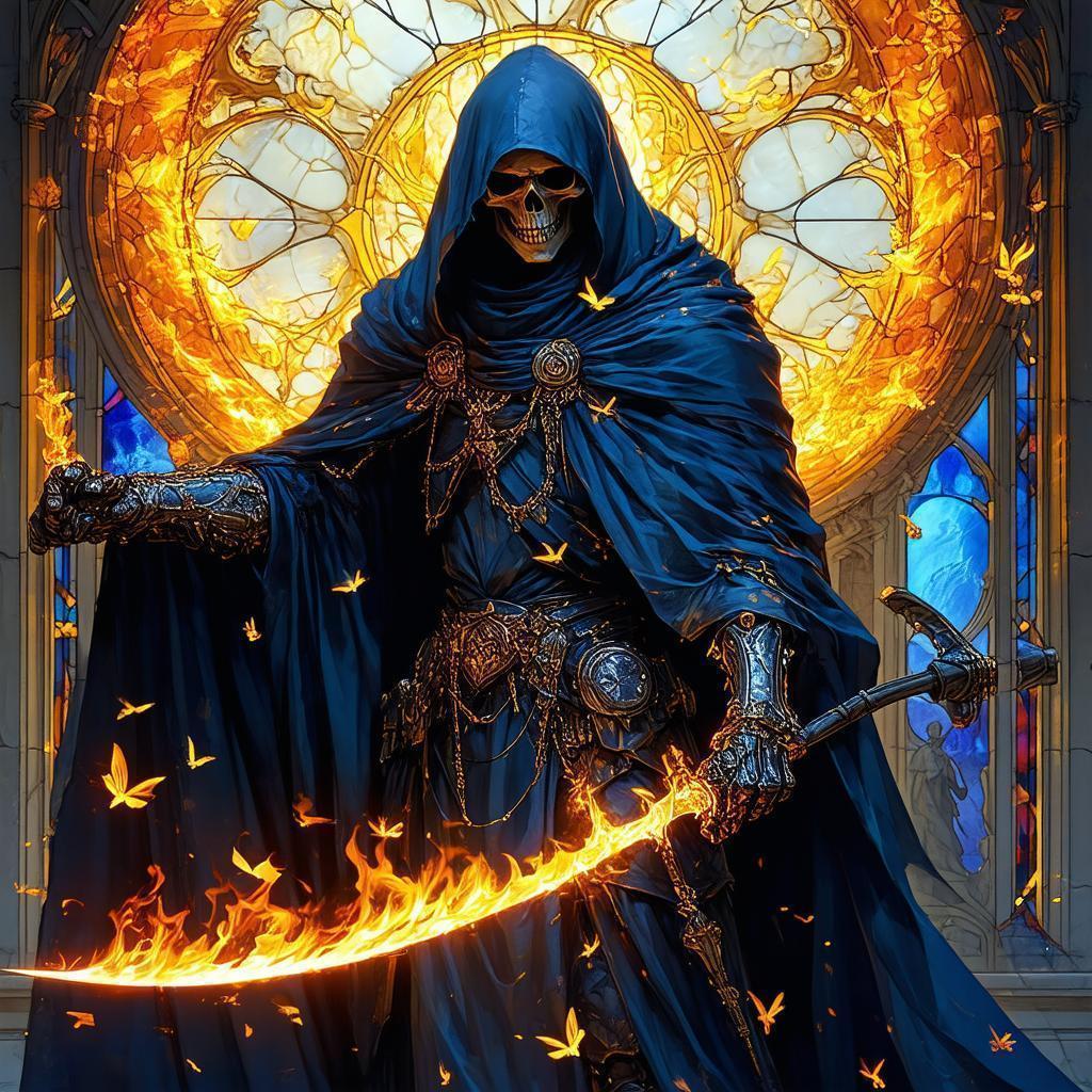 Grim Reaper With Golden Scythe Before Stained Glass