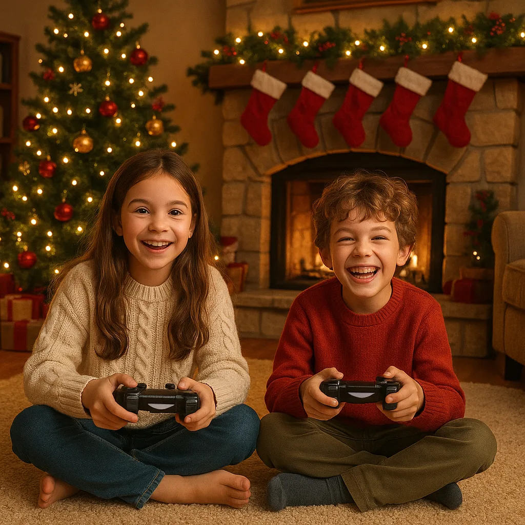 Two Children Playing a Video Game in a Cozy