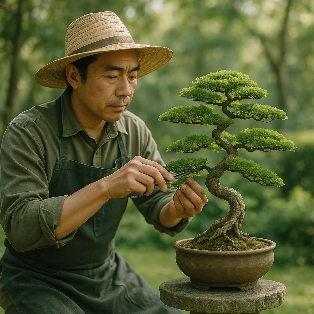 Gardener Is Meticulously Pruning a Delicate Bonsai Tree to Enhance