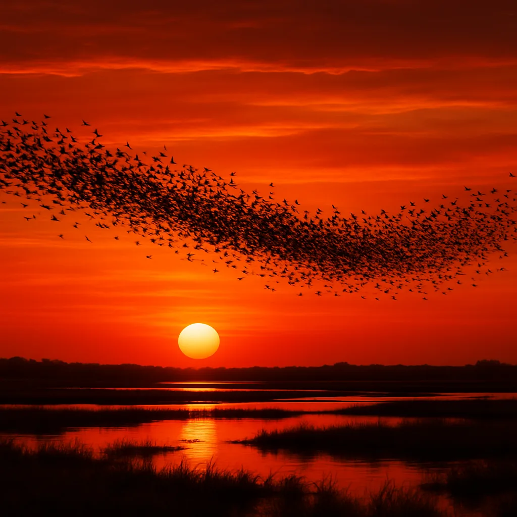Thousands of Migrating Birds Form a Sweeping Dark Ribbon