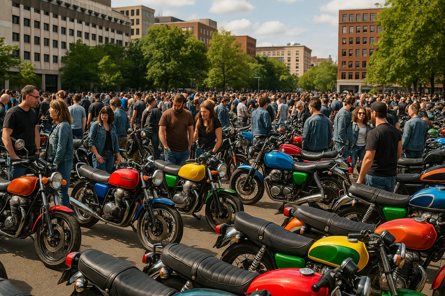 Bustling Outdoor Motorcycle Gathering with People Mingling Among Colorful Bikes