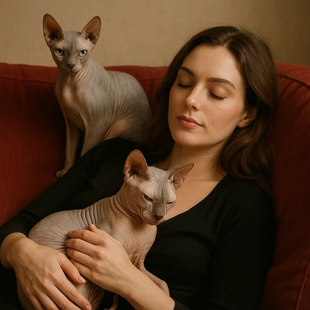 Woman Lounges on a Red Sofa with Two Sphynx Cats