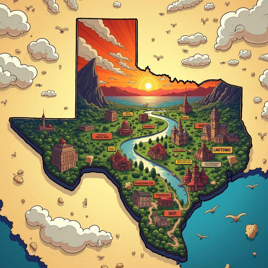 Manga Map of Texas With Exaggerated Landmarks