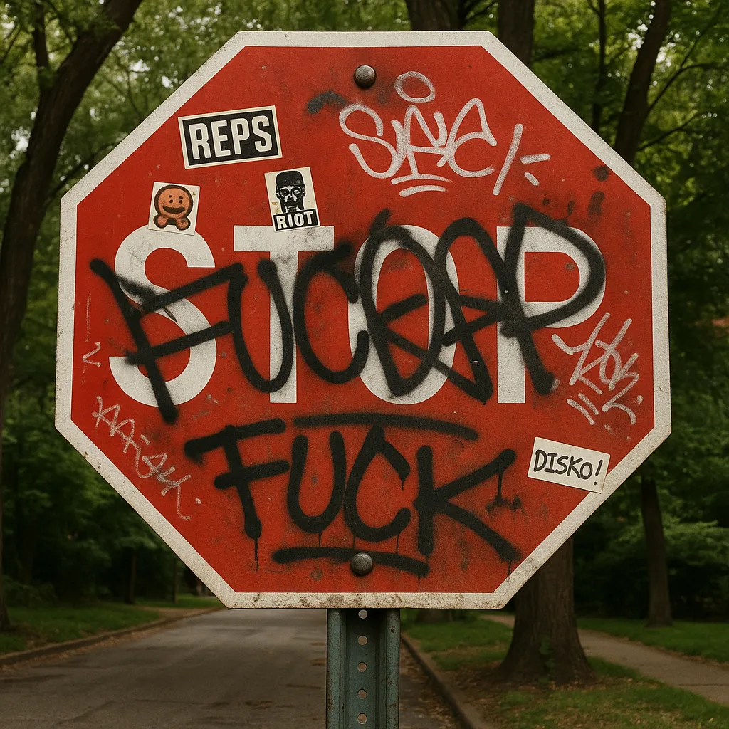 Red Stop Sign Defaced with Graffiti and Stickers