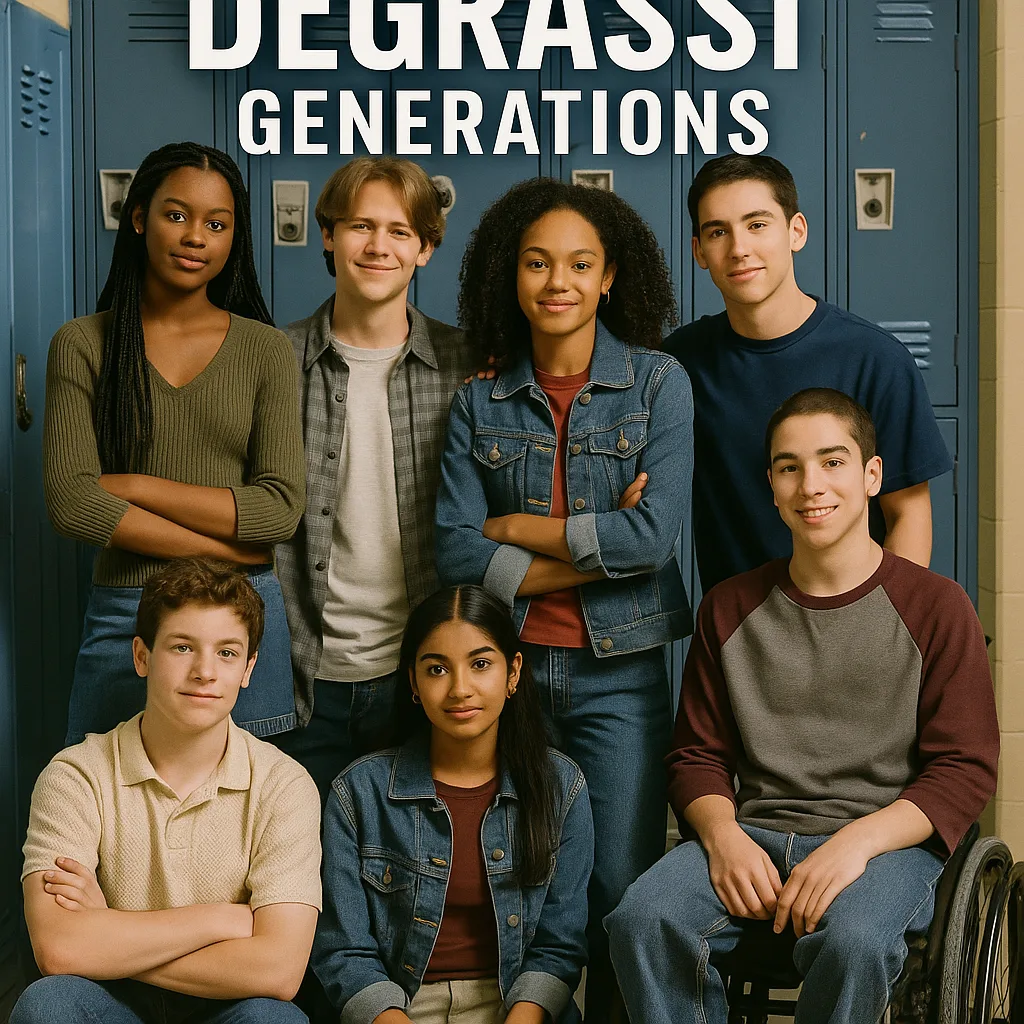 Group of Teenagers Stands and Sits in a School Hallway