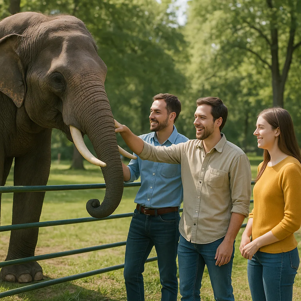 Two Men Interact with an Elephant