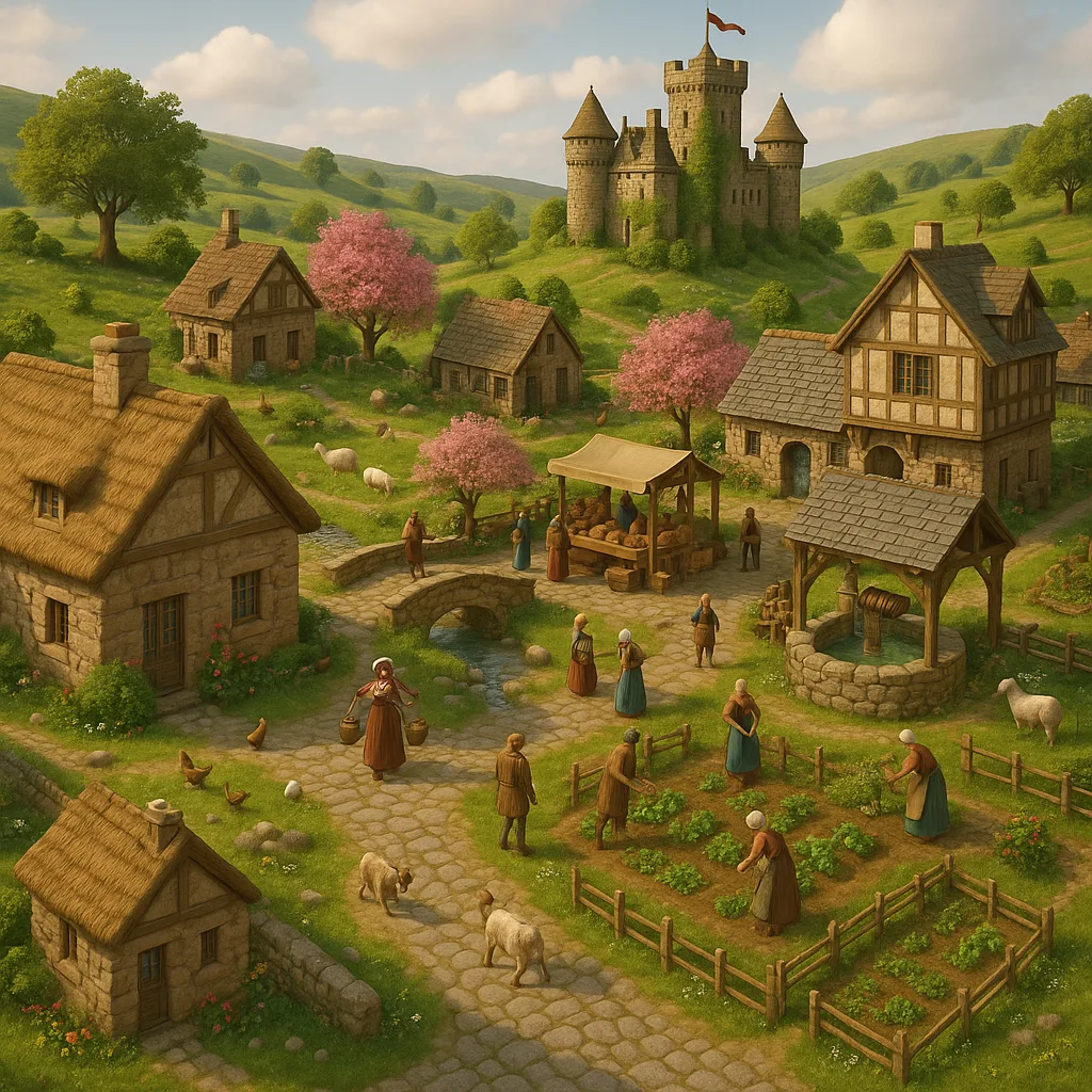 Realistic 3D Visual Representation of a Serene Medieval Village Set