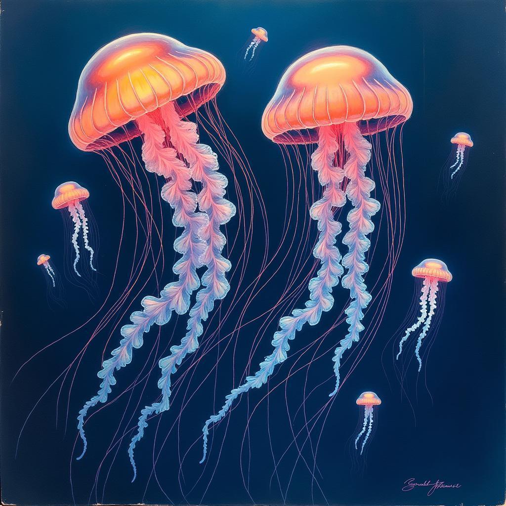 Sketched Jellyfish Drifting Through Dark Blue Depths
