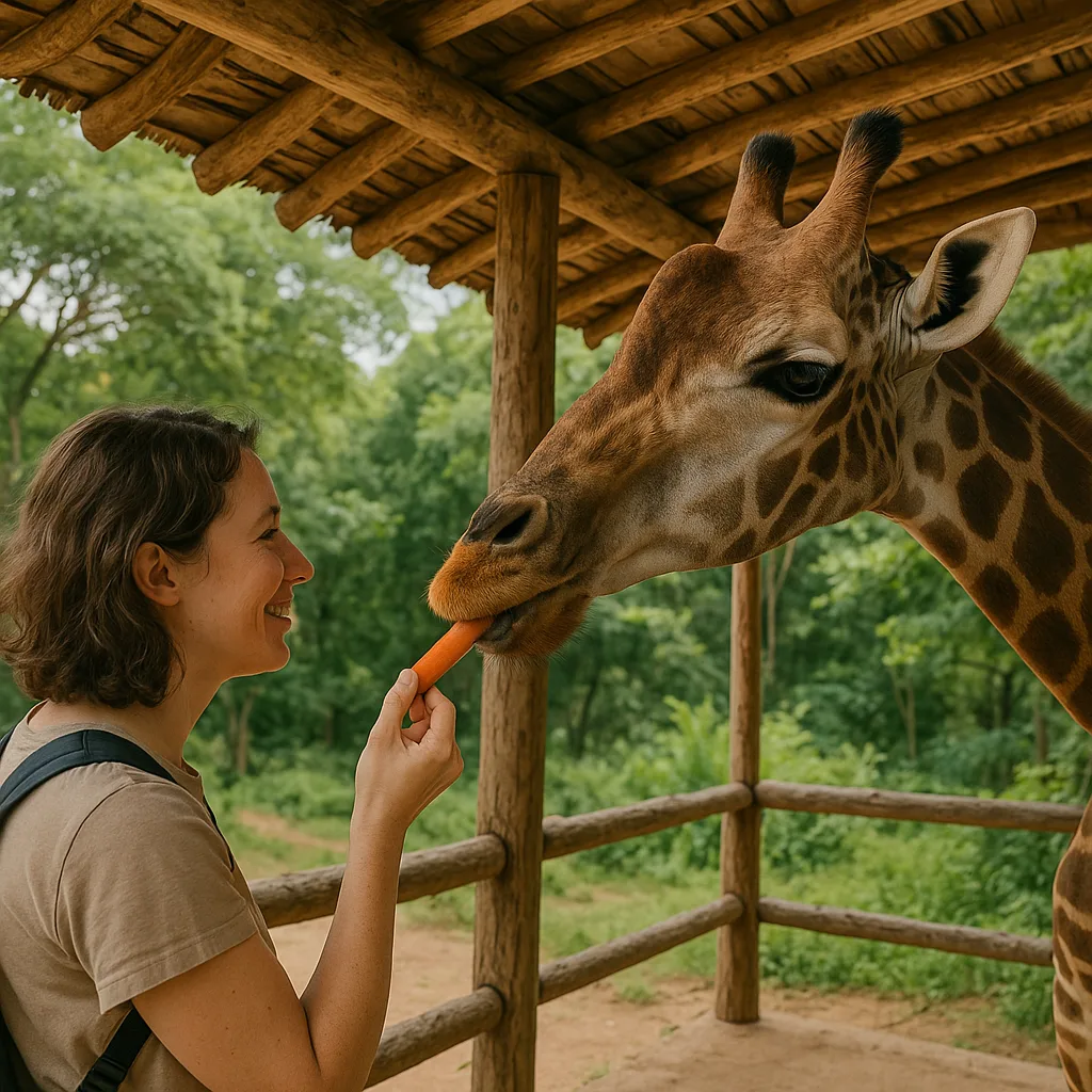 Person Feeding a Giraffe a Carrot under a Wooden Canopy