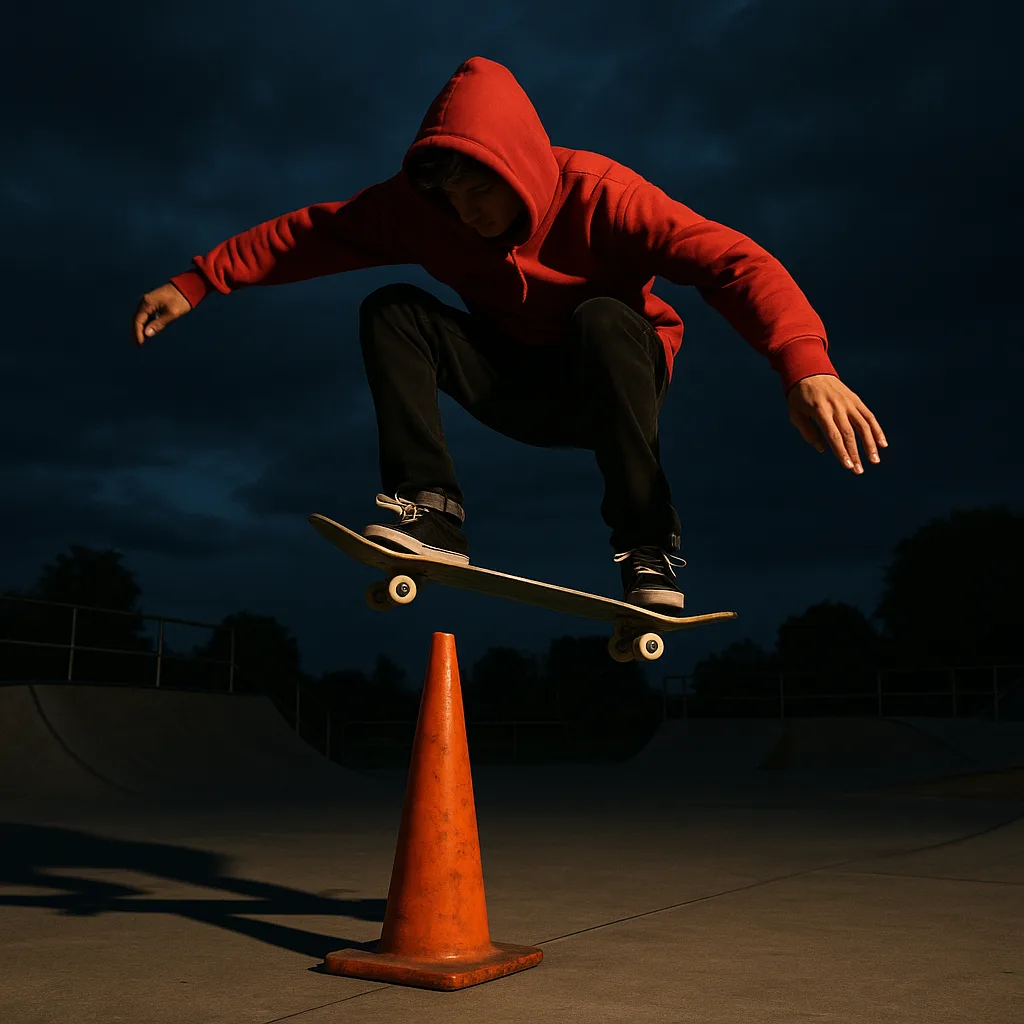 Skateboarder in a Red Hoodie Performs a High Jump Trick