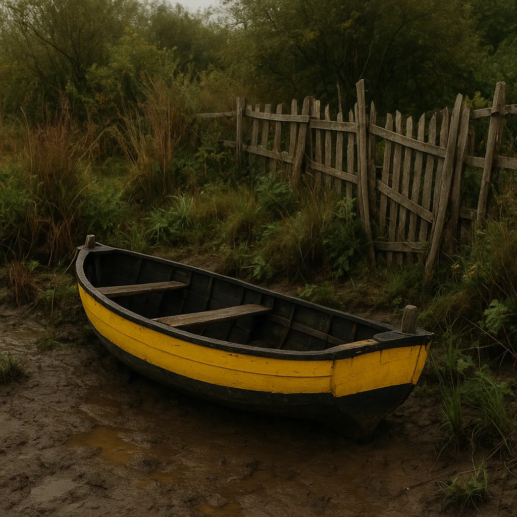 Yellow and Black Boat Rests on a Muddy Shore