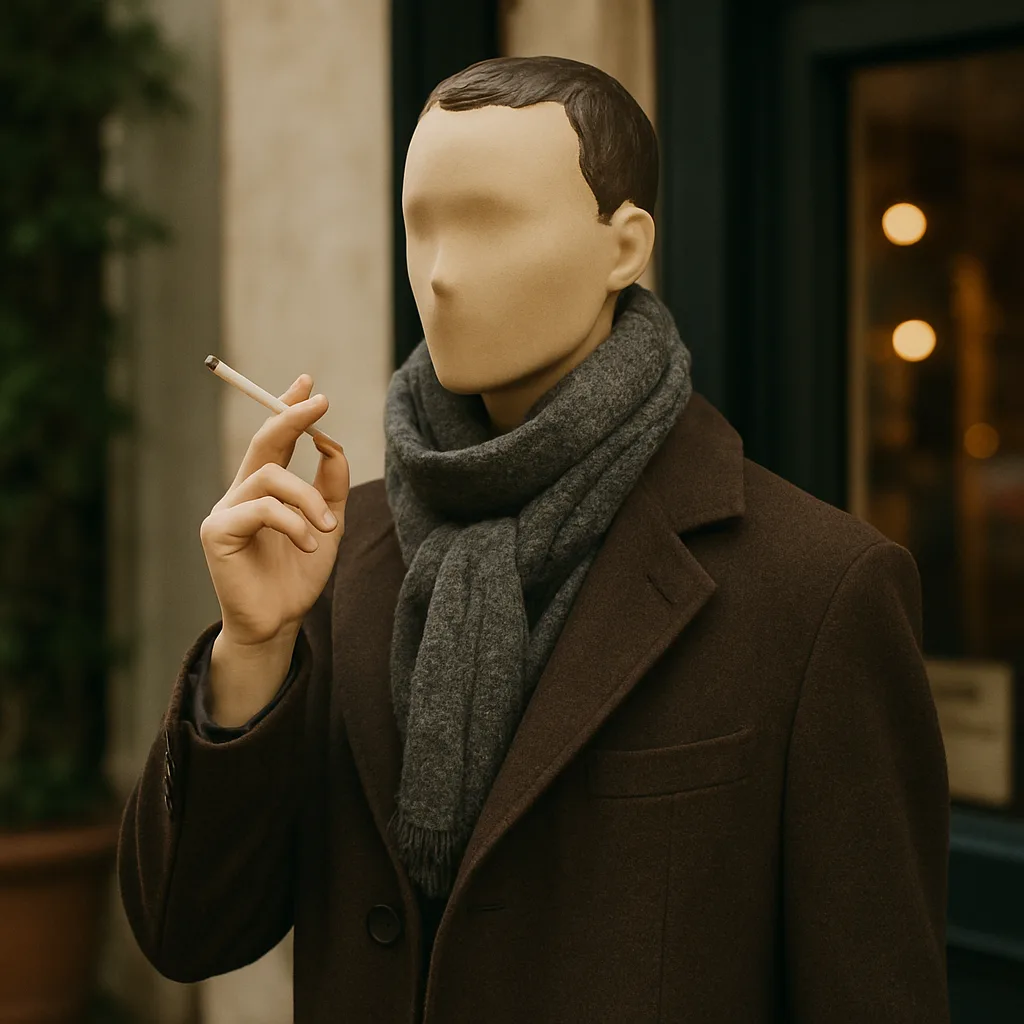 Mannequin Dressed in a Coat and Scarf Stands Outdoors