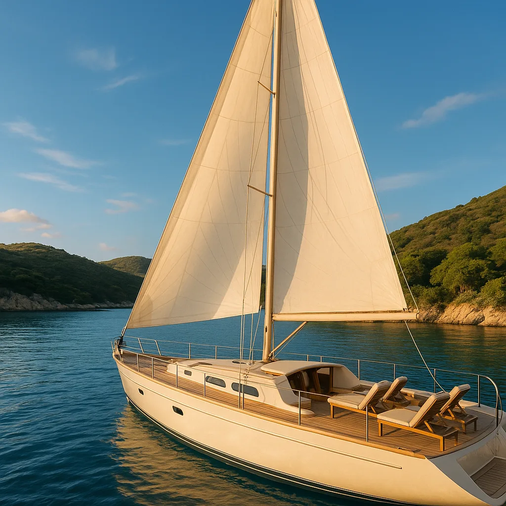 Opulent Sailboat with Ivory Sails Drifts Tranquilly