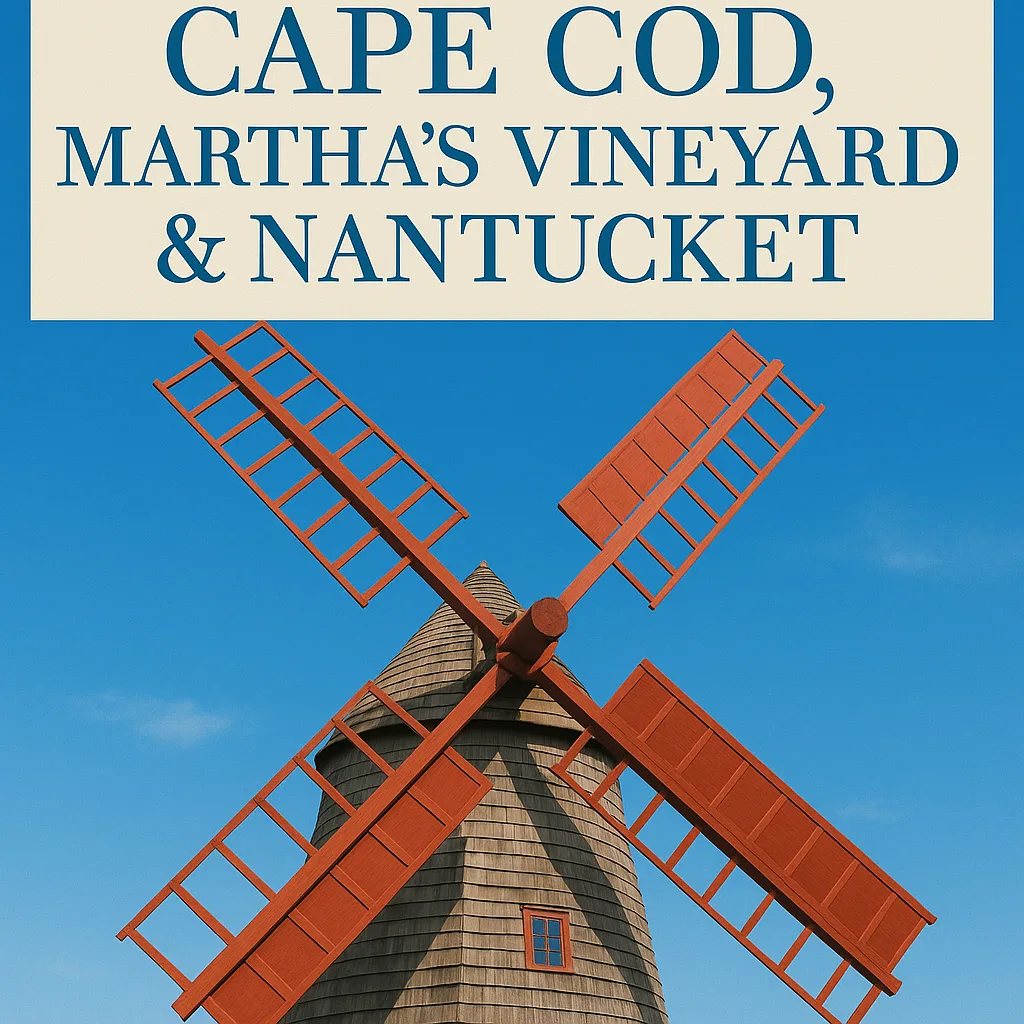 Wooden Windmill with Red Blades Against a Blue Sky