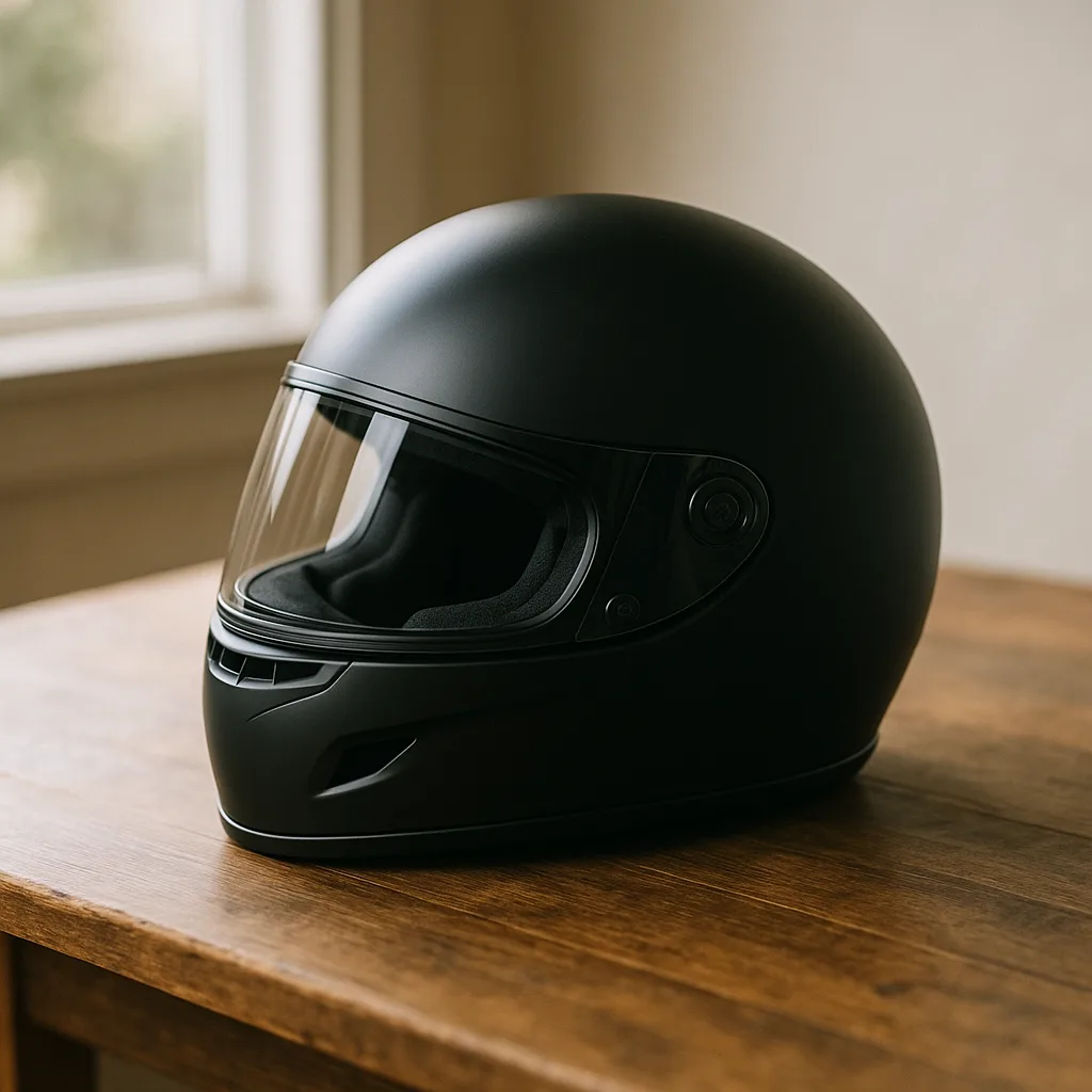 Stylish Black Motorcycle Helmet Placed on a Wooden Table