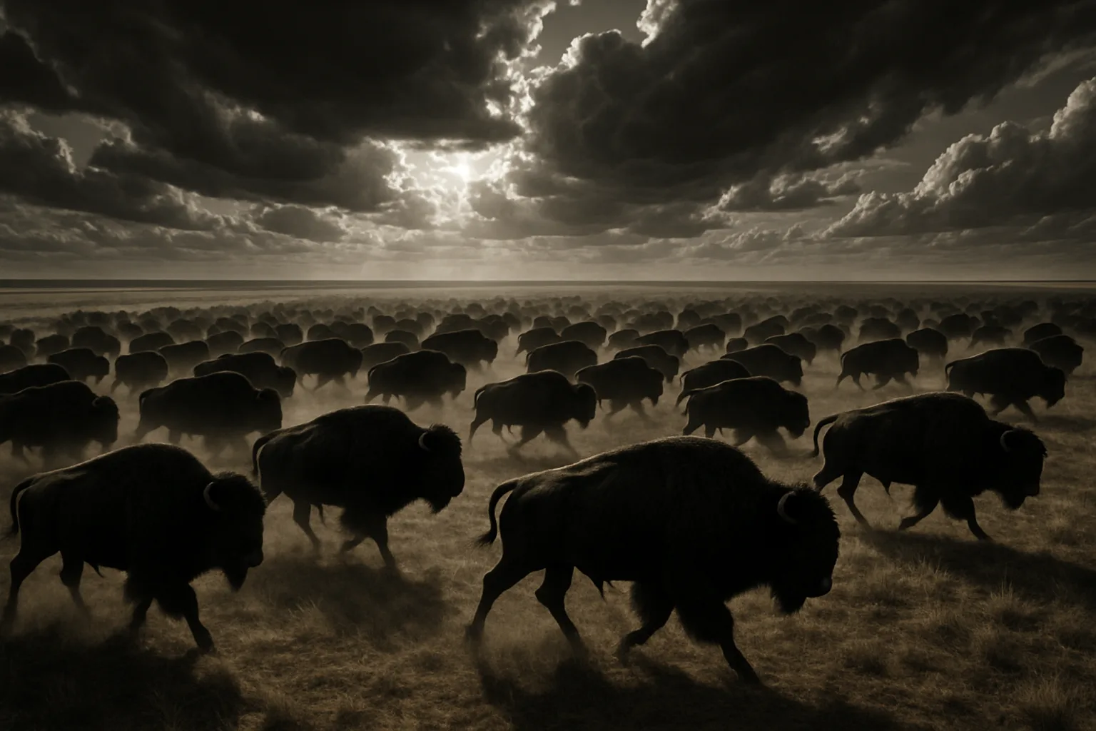 Vast Herd of Shadowy Bison Thunders Across an Immense