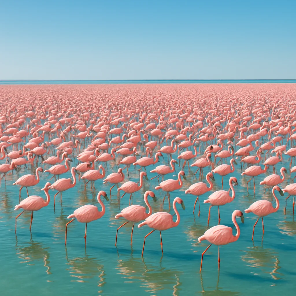 Sprawling Flock of Thousands of Pink Flamingos Wades