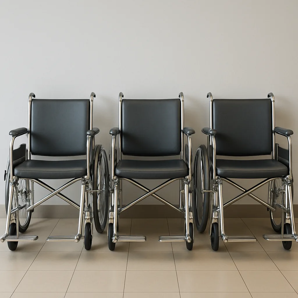 Trio of Refined Silver Wheelchairs Is Arranged in a Straight