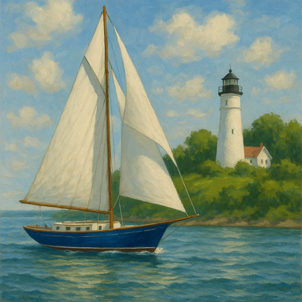 Blue-hulled Sailboat with White Sails Floats near a Green Shore