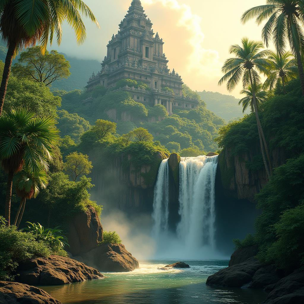 Ancient Jungle Temple With Cascading Golden Waterfall