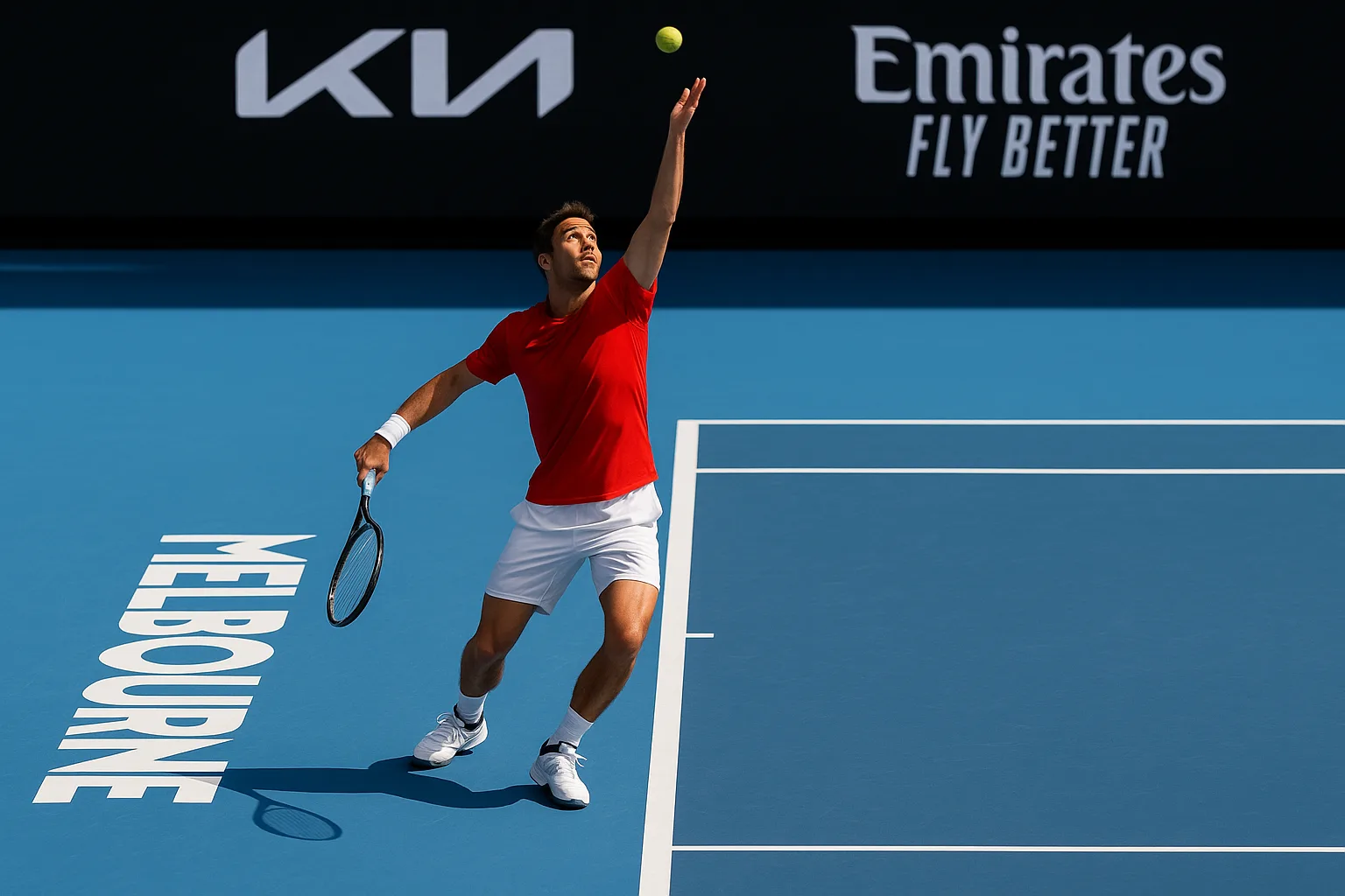 Tennis Player Wearing a Red Shirt Serves the Ball