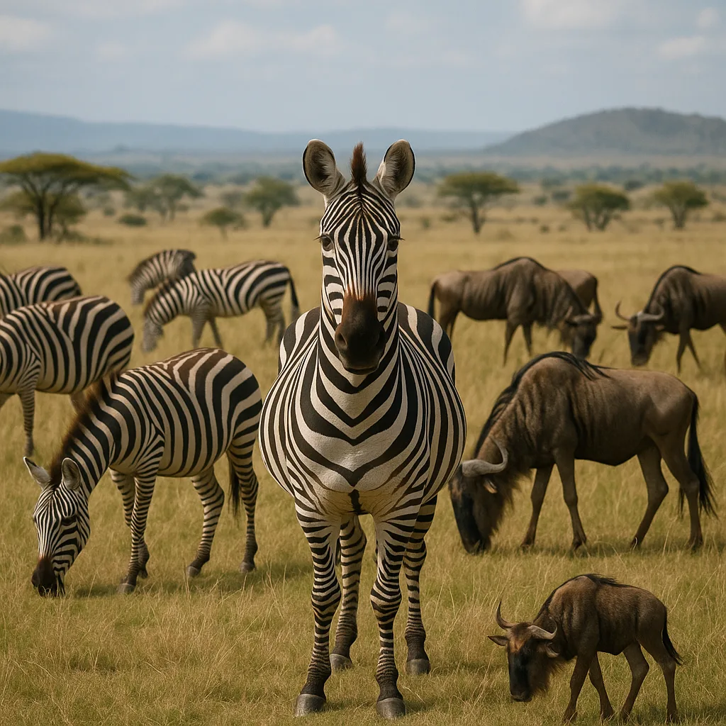 Group of Zebras and Wildebeests Grazing in a Grassy Savanna
