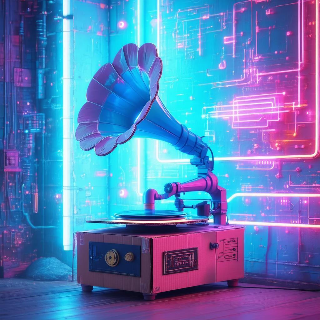 Cardboard Phonograph Aglow With Neonpunk Light