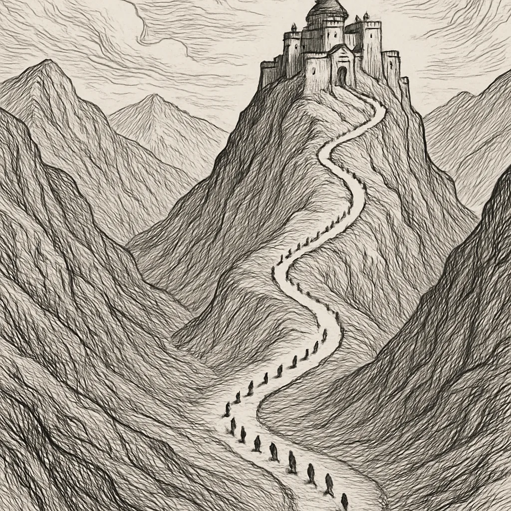 Sparse Line of Tiny Pilgrims Slowly Snakes its Way