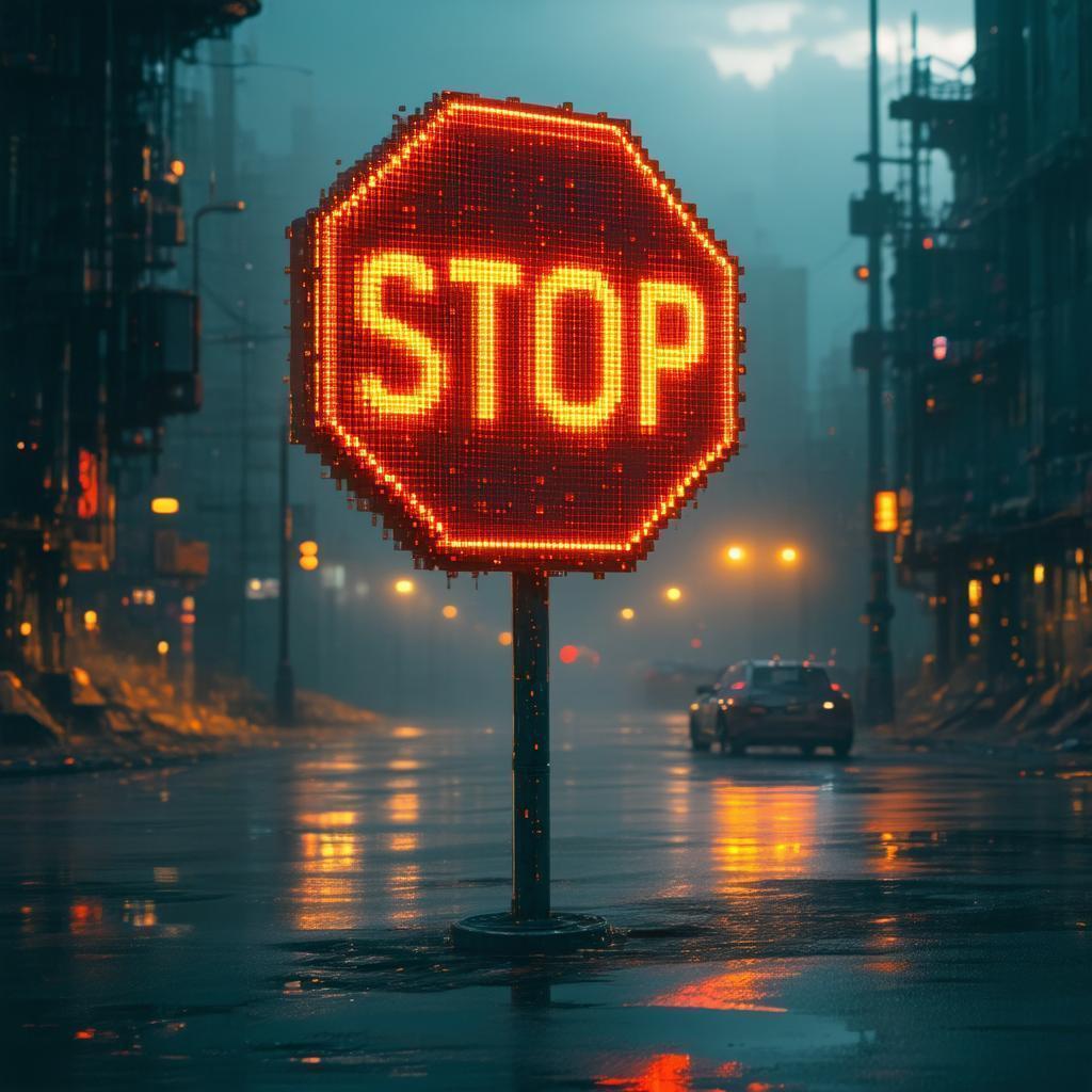 Glowing Digital Sticker on a Pixelated Stop Sign
