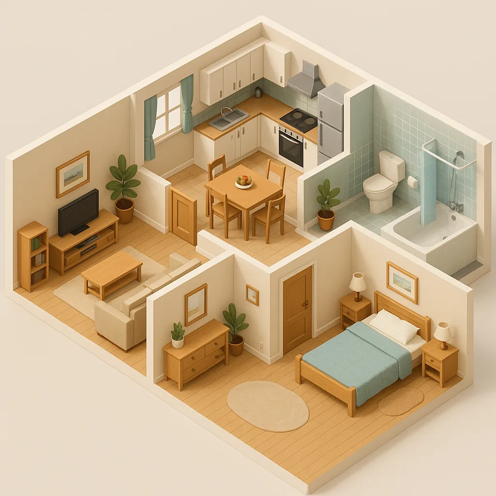 Detailed 3D Isometric Representation of a House Layout