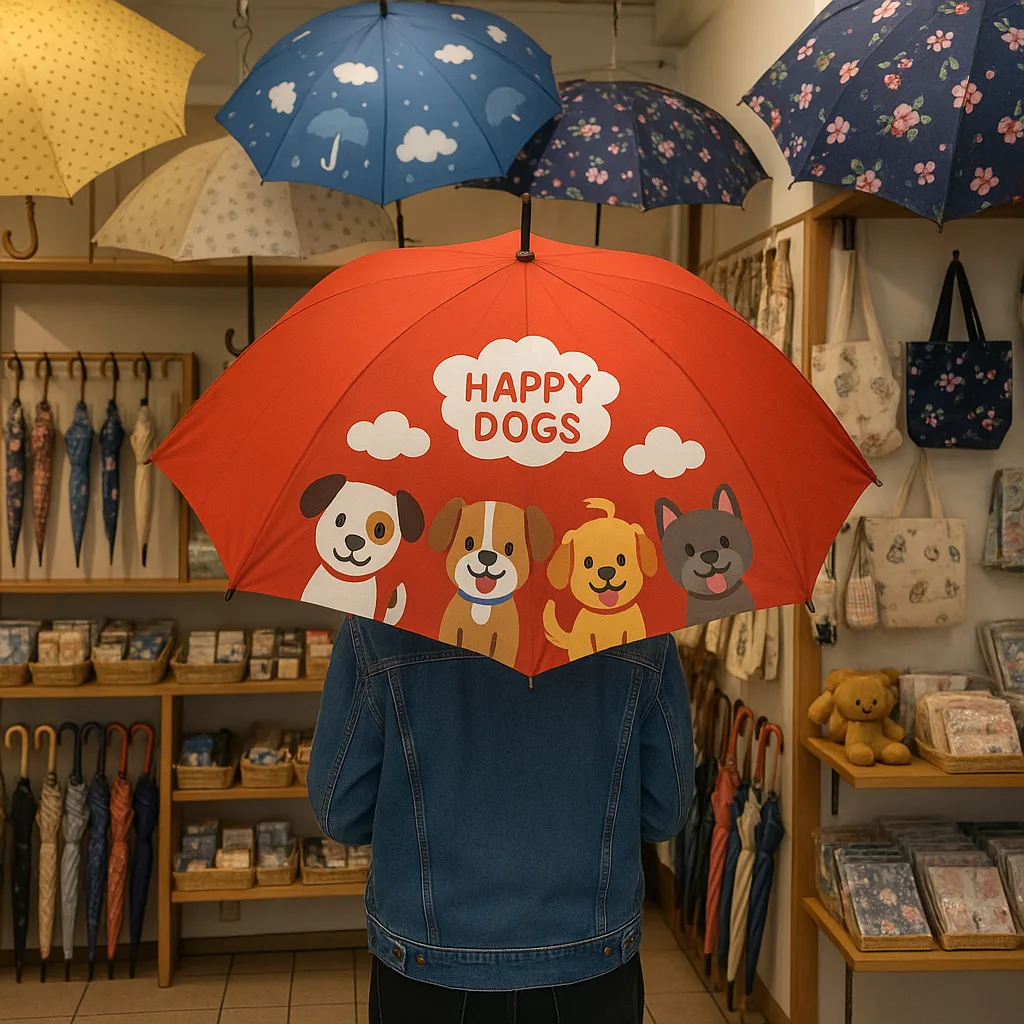 Person Stands Inside a Shop Holding a Red Umbrella