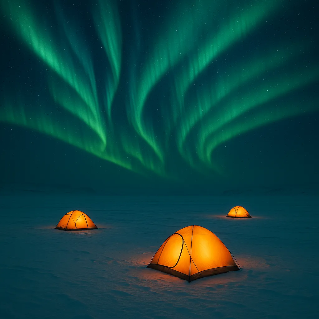 Few Isolated Tents Glow Faintly on a Vast
