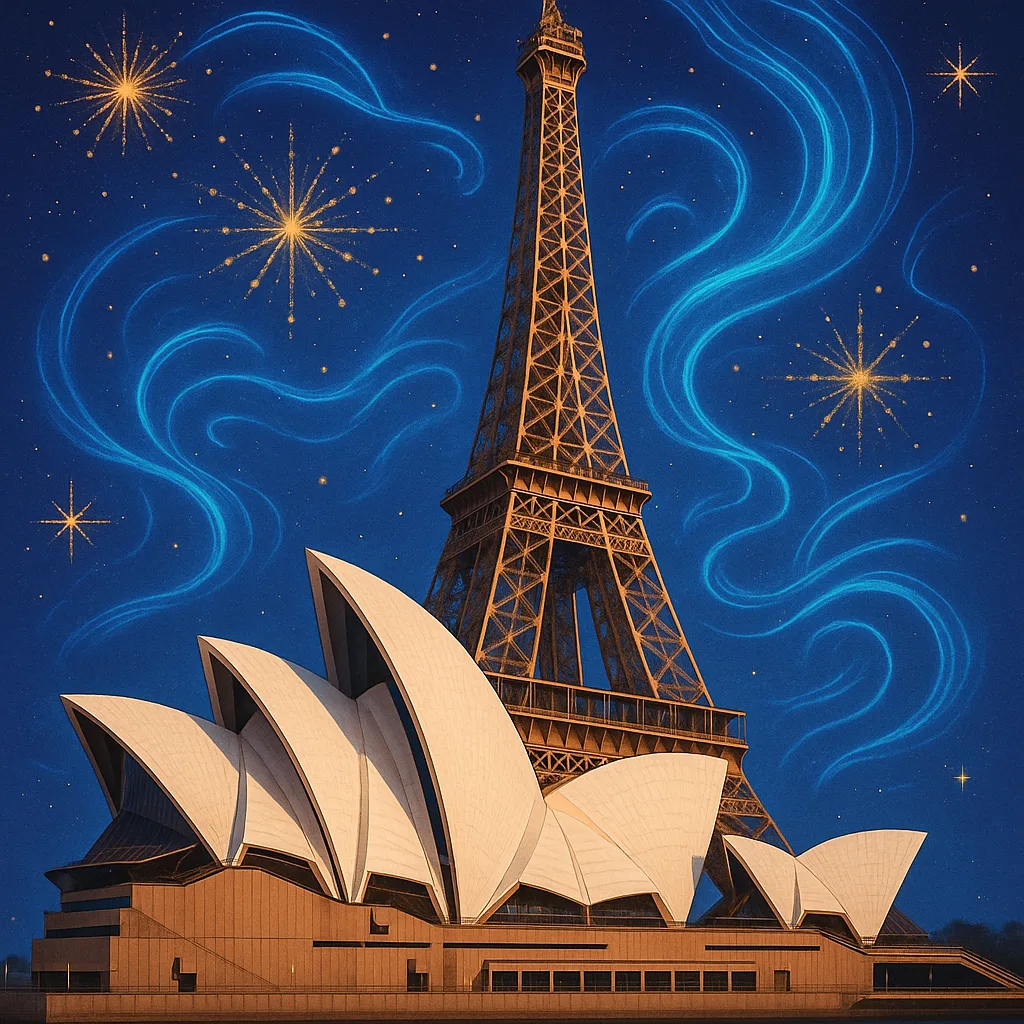 Craft a Surreal Composite Image Merging Two Iconic Landmarks