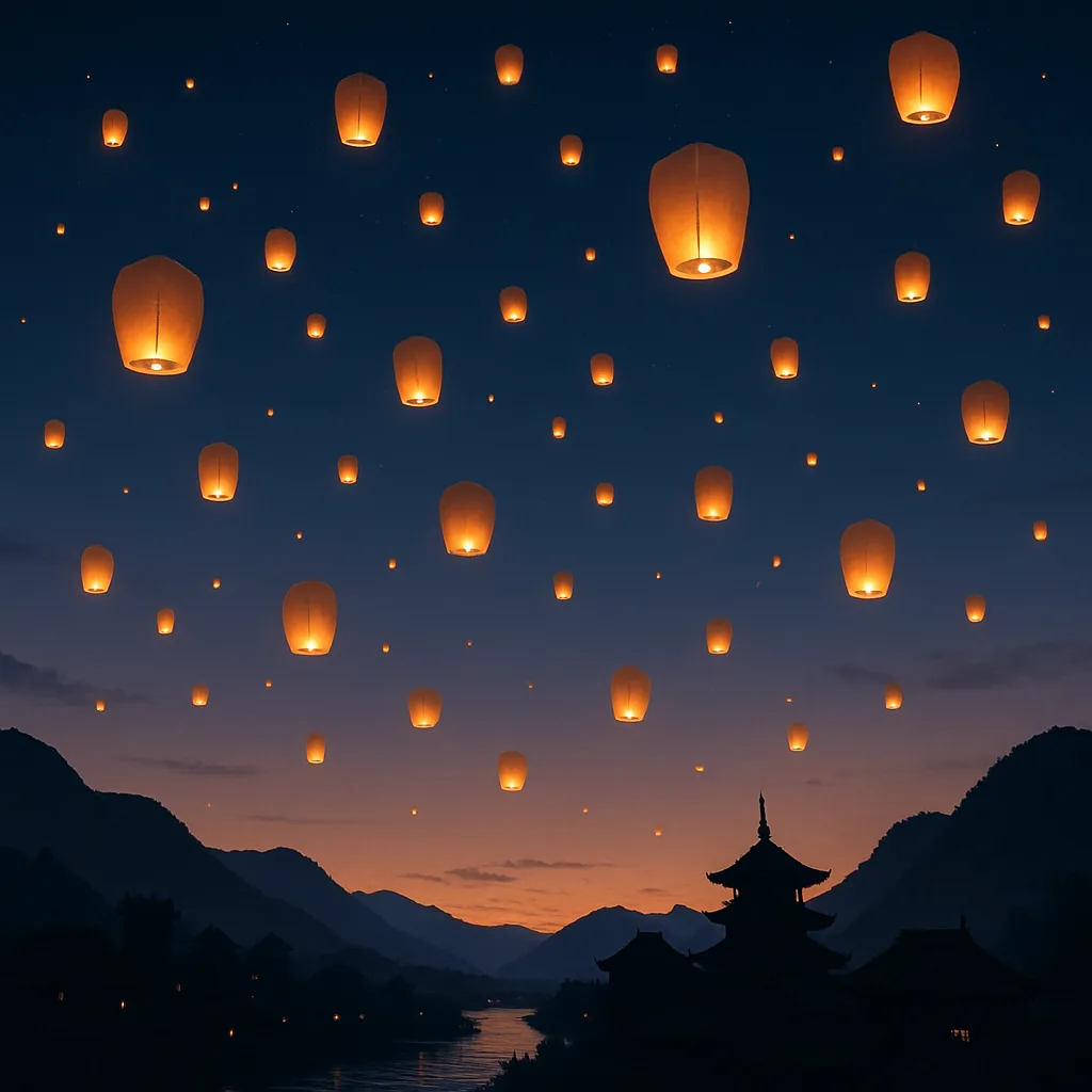 Many Glowing Lanterns Drift Slowly Upwards into a Twilight Sky