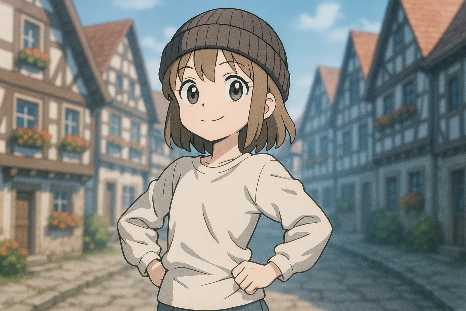Innocent Anime Character in an 18th-century Beanie Strikes a Confident