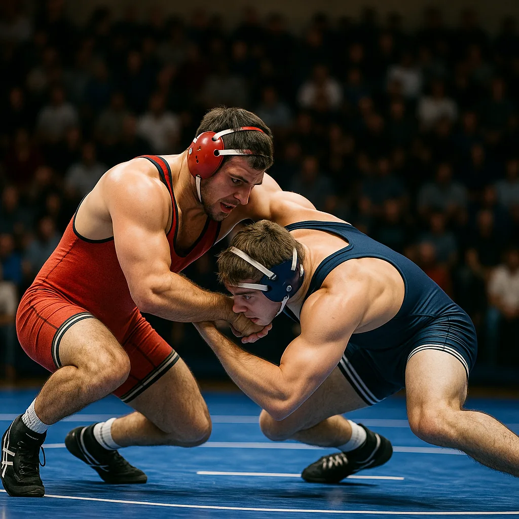 Two Wrestlers Engage in a Match on a Blue Mat