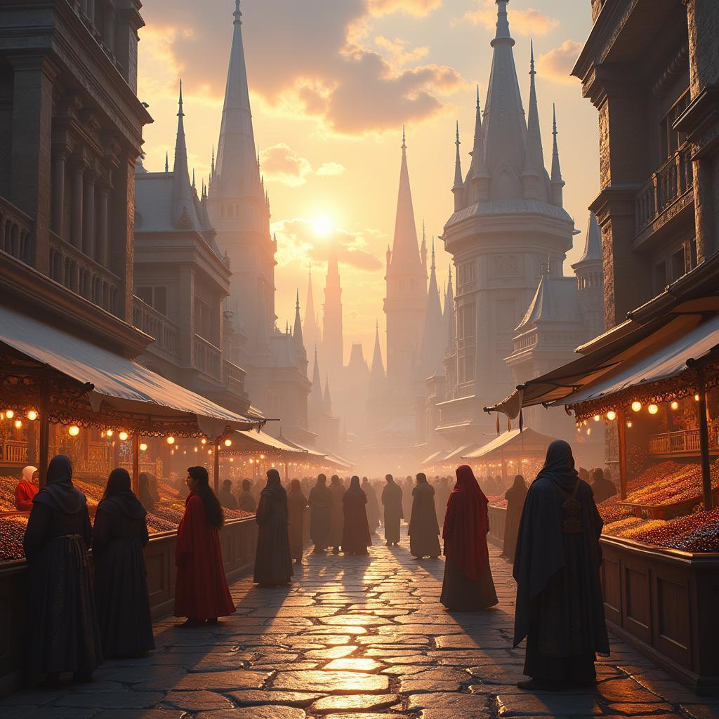 Ancient Warriors Trading Enchanted Ammunition at Market