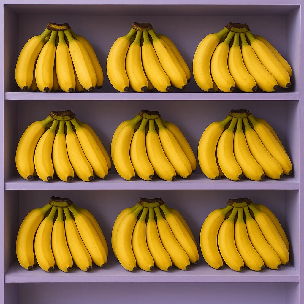Purple-hued Shelf Showcasing Neatly Grouped Bunches of Vibrant Yellow Bananas