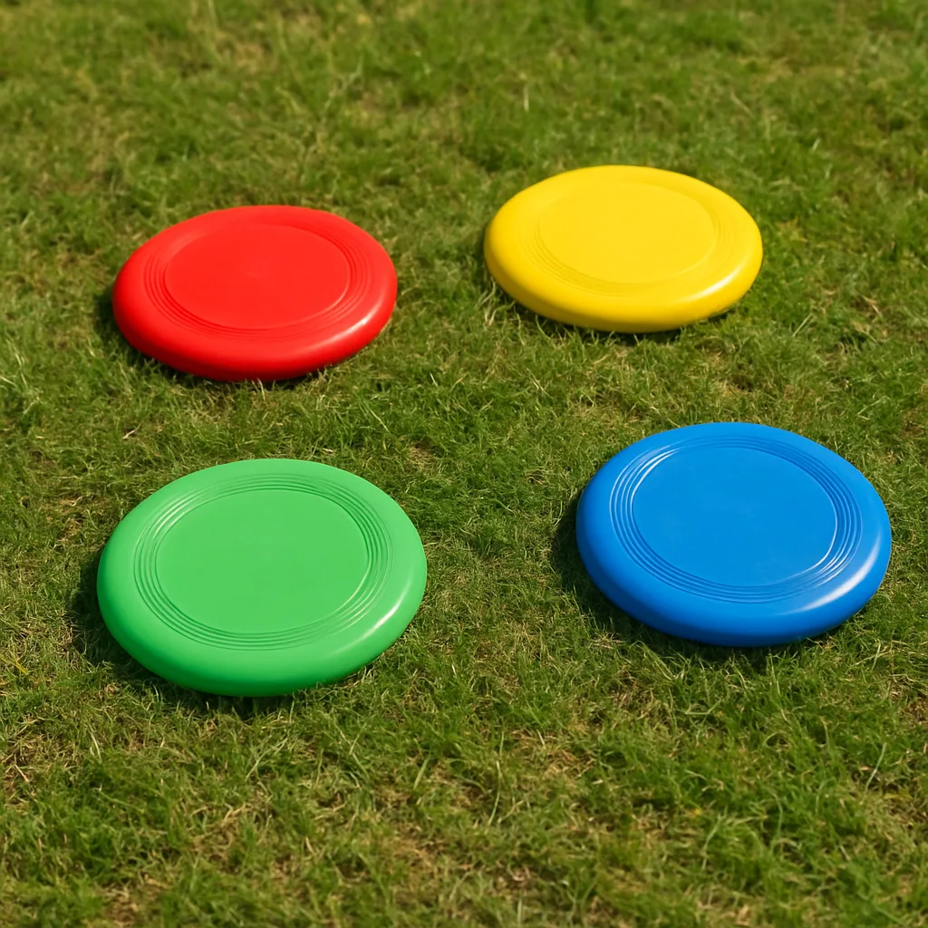 Four Vibrant Flying Discs Spread Across a Green Grassy Field